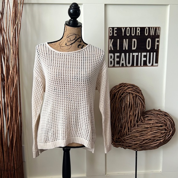 Jeanne Pierre Cream Loose Weave Zippered Back Hi Low Sweater - Picture 1 of 8